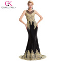 Grace Karin 2016 New Sleeveless Golden Appliques Long Black Evening Dress Últimos projetos de vestidos de festa GK000026-1
